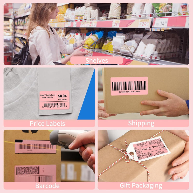 JADENS 2.25"x1.25" Self-Adhesive Barcode Thermal  Sticker Roll Label 1000 Labels Pink