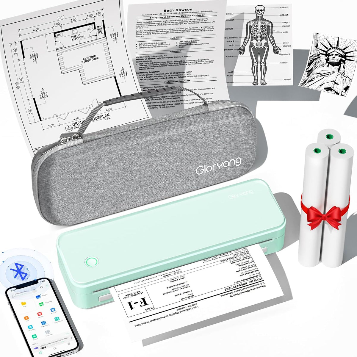Gloryang Gloryang PD-A4 Wireless Portable Thermal Printer Green with 3 Paper Rolls & Storage Bag Bundle