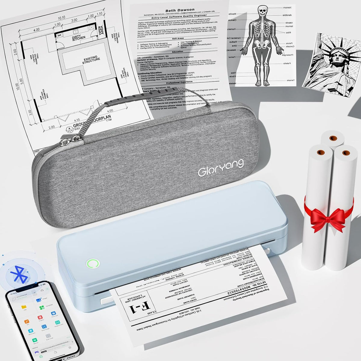 Gloryang Gloryang PD-A4 Wireless Portable Thermal Printer Blue with 3 Paper Rolls & Storage Bag Bundle