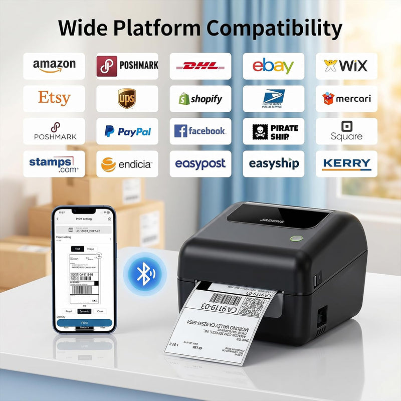 JADENS 168BT Wireless Bluetooth Thermal Shipping Label Printer Black