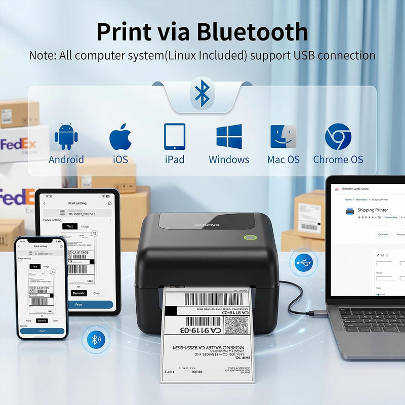 JADENS 168BT Wireless Bluetooth Thermal Shipping Label Printer Black