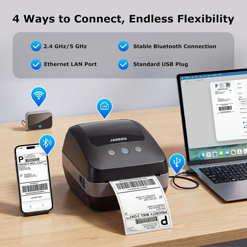 JADENS 410WF Dual-Band Wi-Fi 4x6 Shipping Label Printer Black