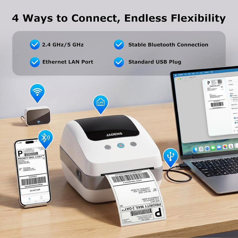 JADENS 410WF Dual-Band Wi-Fi 4x6 Shipping Label Printer White