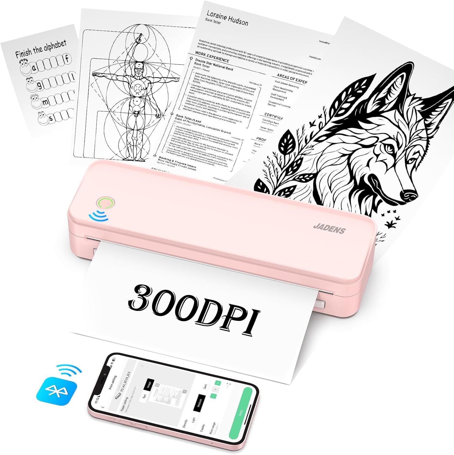 JADENS PD-A4 Pro 300DPI Wireless Thermal Portable Printer