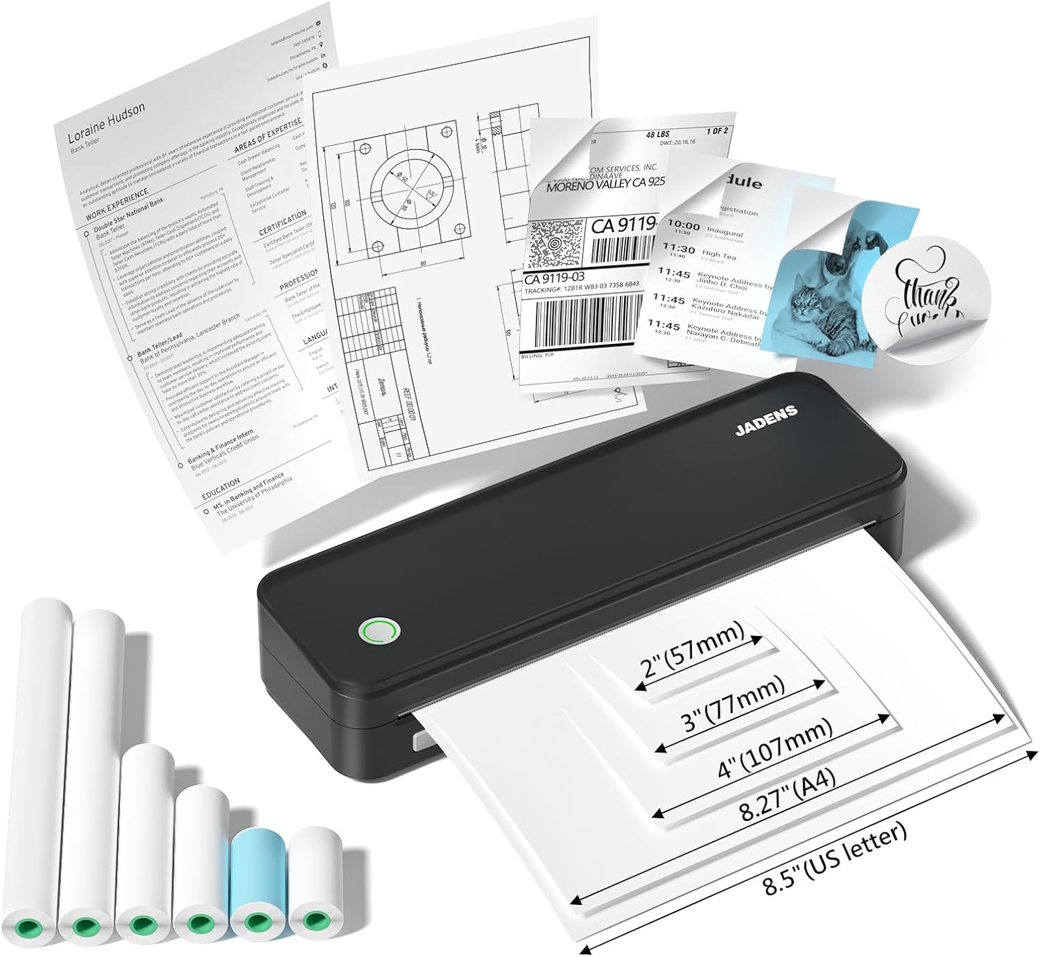 Paper Printer Files JADENS PD-A4 Bluetooth Portable Printer with 6 Rolls of Thermal Paper