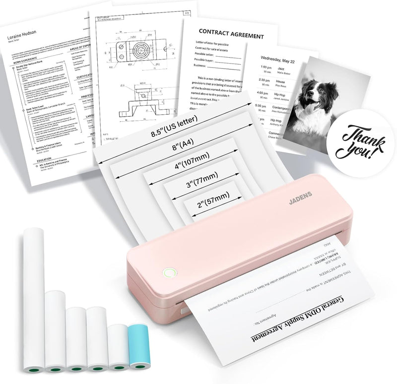 JADENS PD-A4 Bluetooth Portable Printer with 6 Rolls of Thermal Paper