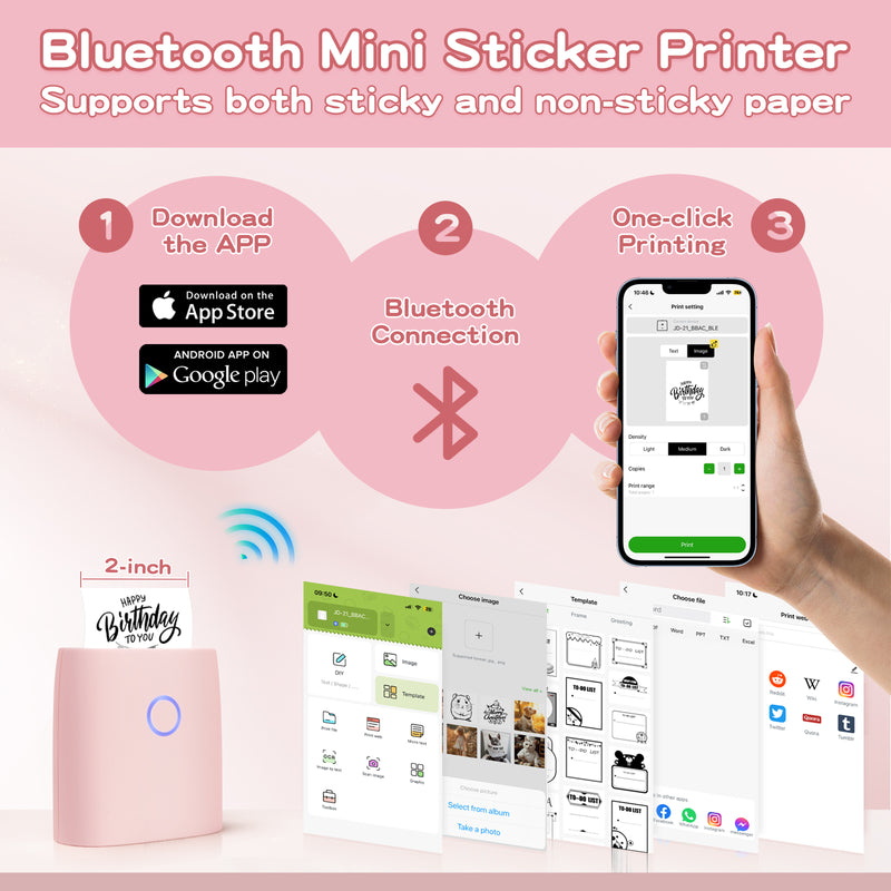 JADENS JD-21 Mini Sticker Printer-2 Inch Bluetooth Thermal Pocket Printer