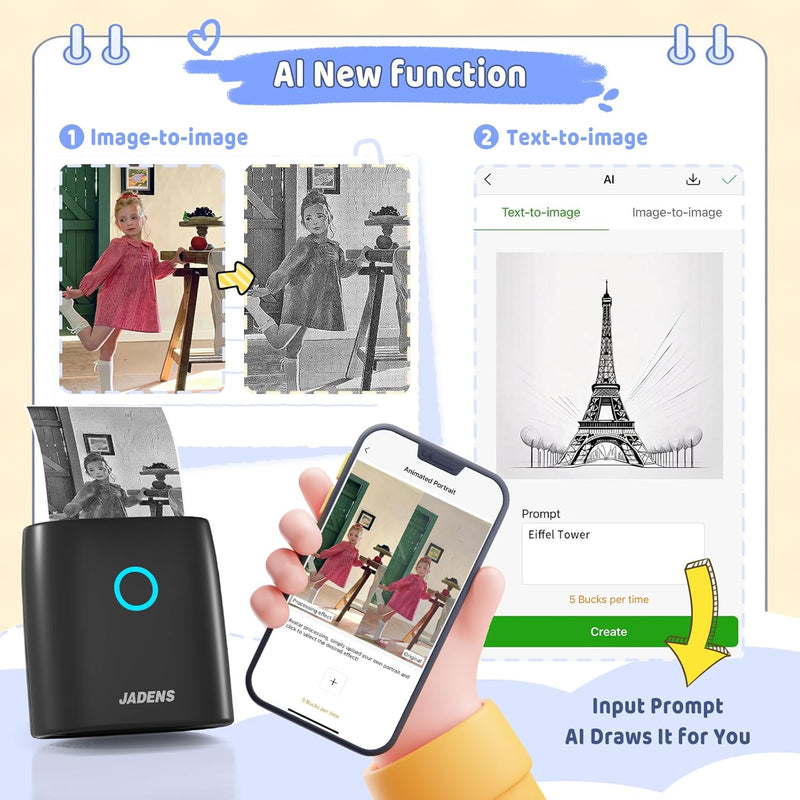 JADENS JD-21 Mini Sticker Printer-2 Inch Bluetooth Thermal Pocket Printer