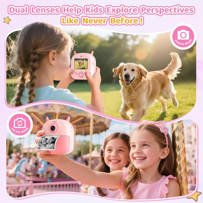 Kids Instant Camera Printer 1080P Selfie & Video Gift for Ages 3–12 Pink