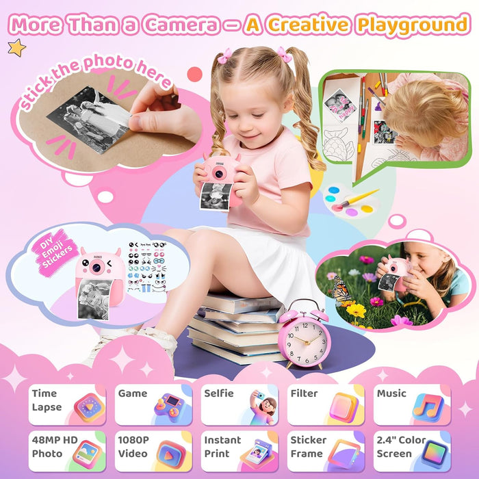 Kids Instant Camera Printer 1080P Selfie & Video Gift for Ages 3–12 Pink