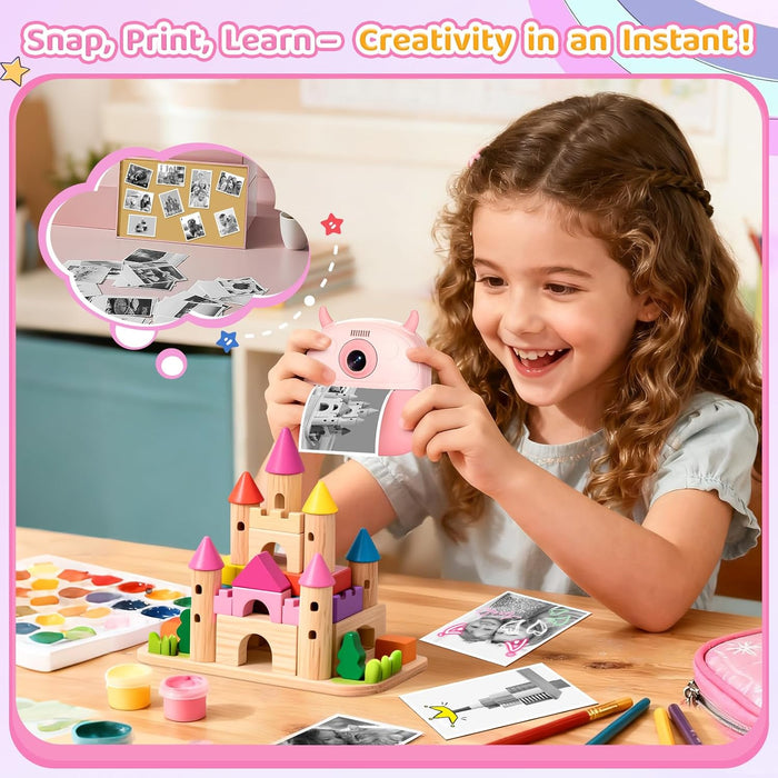 Kids Instant Camera Printer 1080P Selfie & Video Gift for Ages 3–12 Pink