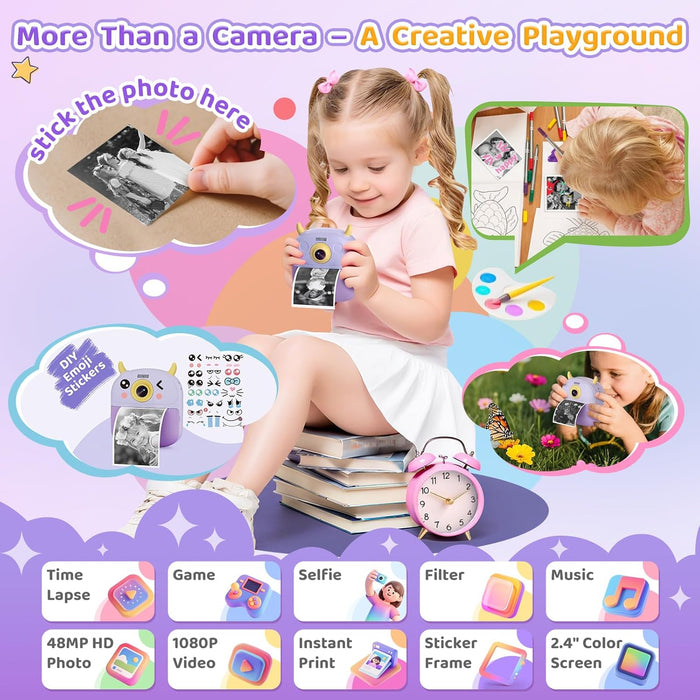 Kids Instant Camera Printer 1080P Selfie & Video Gift for Ages 3–12 Purple