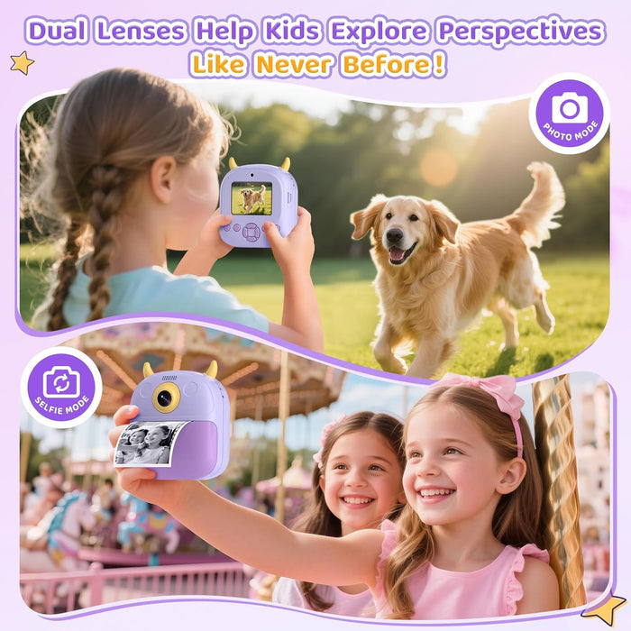 Kids Instant Camera Printer 1080P Selfie & Video Gift for Ages 3–12 Purple