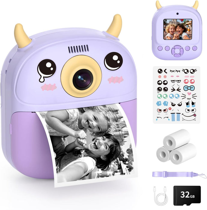Kids Instant Camera Printer 1080P Selfie & Video Gift for Ages 3–12 Purple