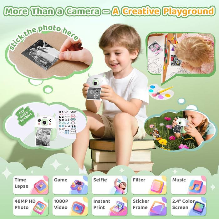 Kids Instant Camera Printer 1080P Selfie & Video Gift for Ages 3–12 White