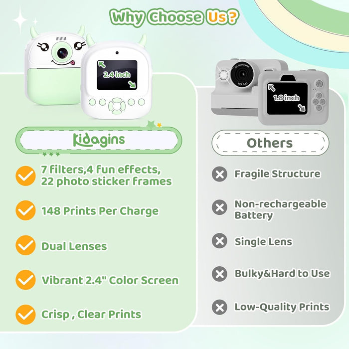 Kids Instant Camera Printer 1080P Selfie & Video Gift for Ages 3–12 White