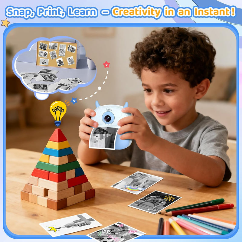 Kids Instant Camera Printer 1080P Selfie & Video Gift for Ages 3–12 Blue