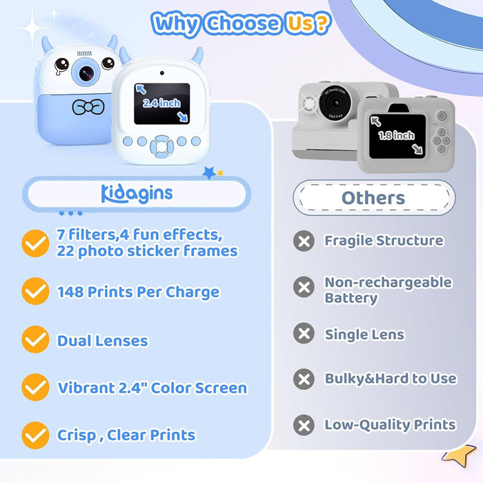Kids Instant Camera Printer 1080P Selfie & Video Gift for Ages 3–12 Blue