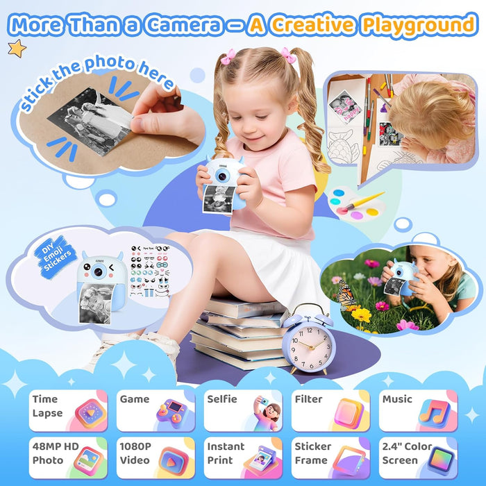 Kids Instant Camera Printer 1080P Selfie & Video Gift for Ages 3–12 Blue