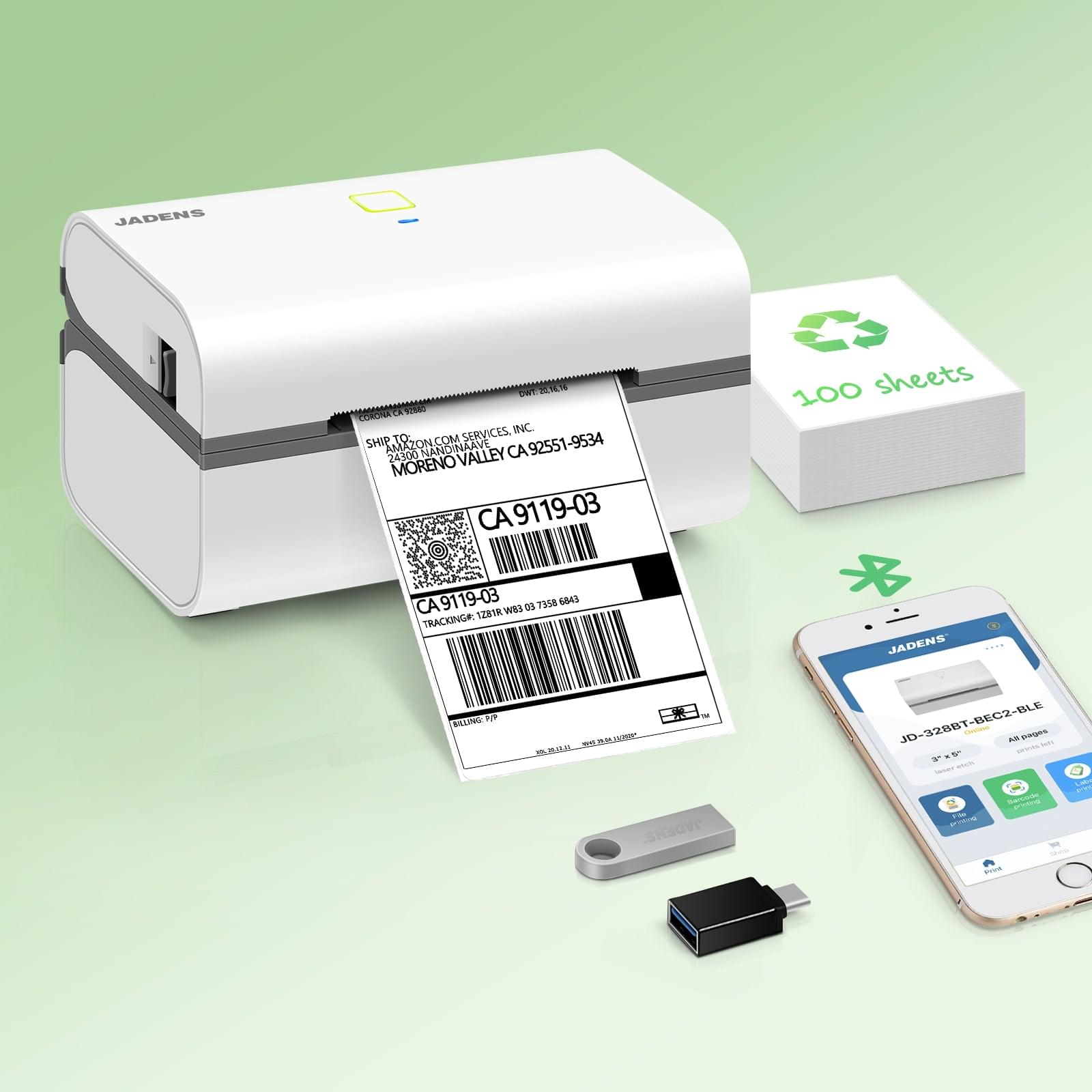 JADENS 328BT Bluetooth Shipping Label Printer White for 3x5 inch label